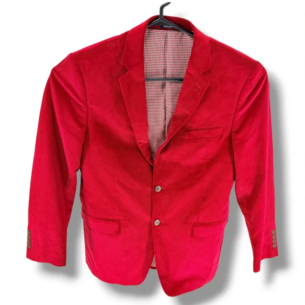 Saddlebred Mens 40R Red Corduroy Blazer Two Button Gingham Lined Sport Coat